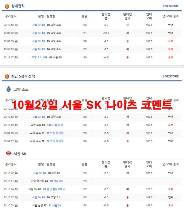 10월24일 서울 SK 나이츠 코멘트
