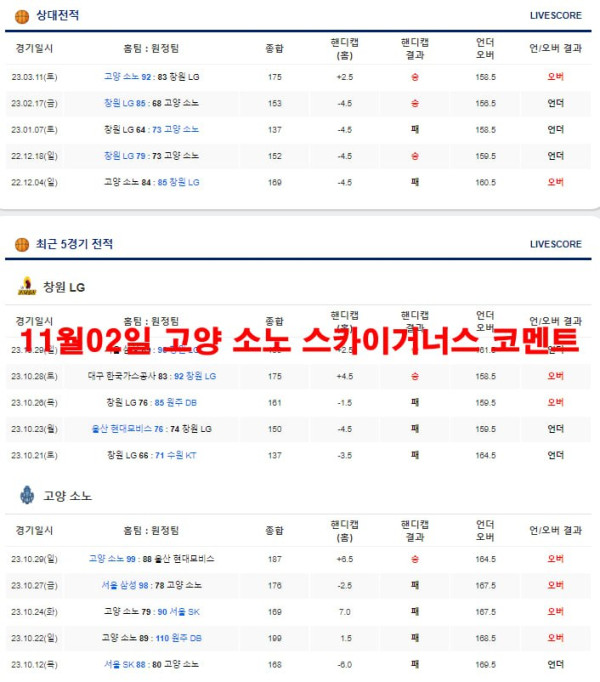 11월02일 고양 소노 스카이거너스 코멘트