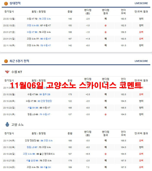 11월06일 고양소노 스카이너스 코멘트