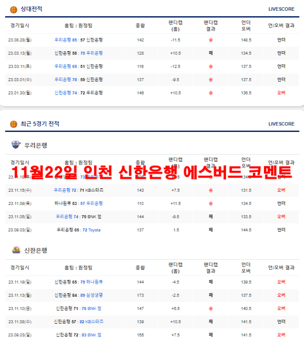 11월22일 인천 신한은행 에스버드 코멘트