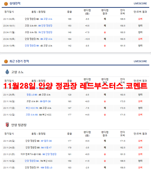 11월28일 안양 정관장 레드부스터스 코멘트