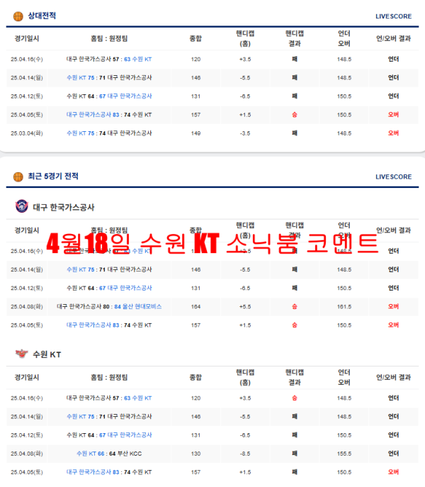 4월18일 수원 KT 소닉붐 코멘트